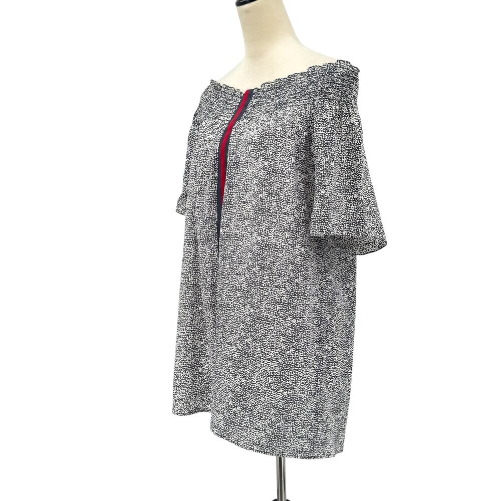 Rungolee Gray & White Print Center Stripe Smocked Off the Shoulder Mini Dress - Picture 2 of 12